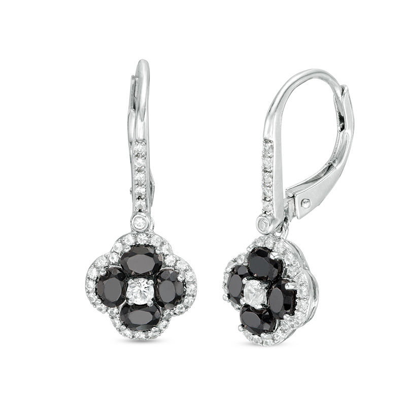 Oval Black Spinel and Lab-Created White Sapphire Frame Clover Drop Earrings in Sterling Silver|Peoples Jewellers