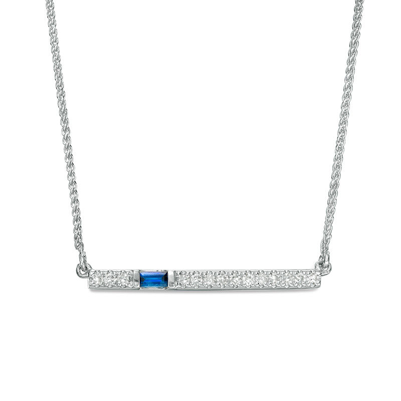 Vera Wang Love Collection Baguette Blue Sapphire and 0.07 CT. T.W. Diamond Bar Necklace in 14K White Gold - 19"|Peoples Jewellers