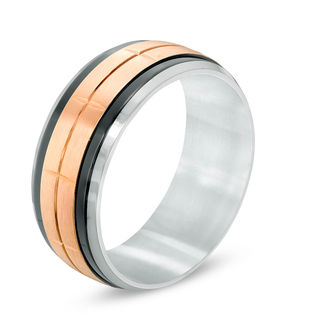 Men's 9.0mm Satin Brick-Pattern Rose and Black IP Stainless Steel Wedding Band - Size 10