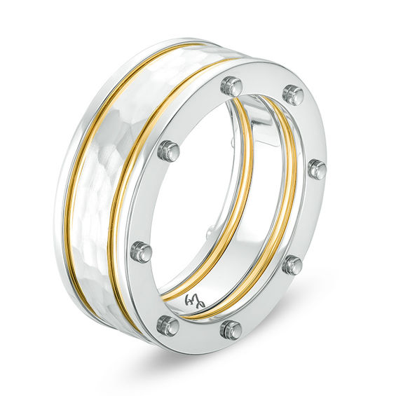 Men's 8.0mm Hammered Centre Yellow IP Stripes Riveted Wedding Band in Stainless Steel - Size 10