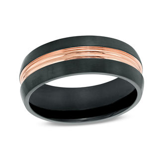 Men's 8.0mm Etched Rose IP Centre Wedding Band in Black IP Stainless Steel - Size 10