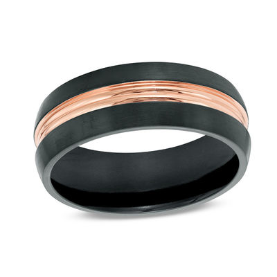 Men's 8.0mm Etched Rose IP Centre Wedding Band in Black IP Stainless Steel - Size 10