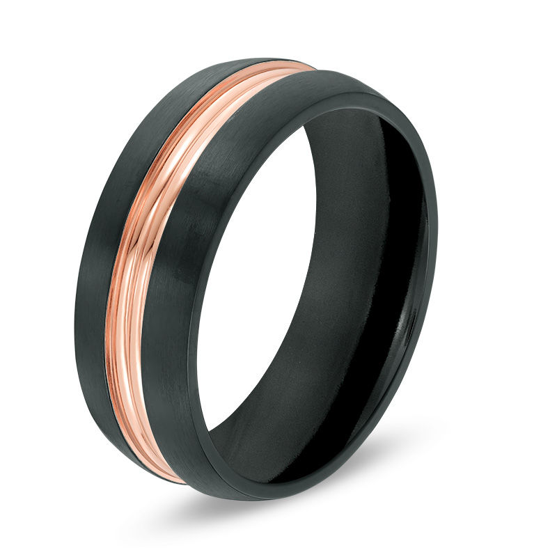 Men's 8.0mm Etched Rose IP Centre Wedding Band in Black IP Stainless Steel - Size 10
