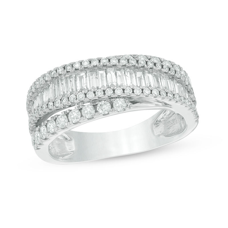 1.18 CT. T.W. Baguette and Round Diamond Layered Crossover Band in 10K White Gold|Peoples Jewellers