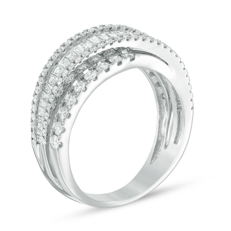 Main Image 2 of 1.18 CT. T.W. Baguette and Round Diamond Layered Crossover Band in 10K White Gold