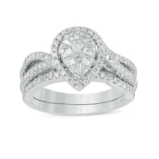 0.70 CT. T.W. Composite Diamond Pear-Shaped Frame Split Shank Bridal Set in 14K White Gold