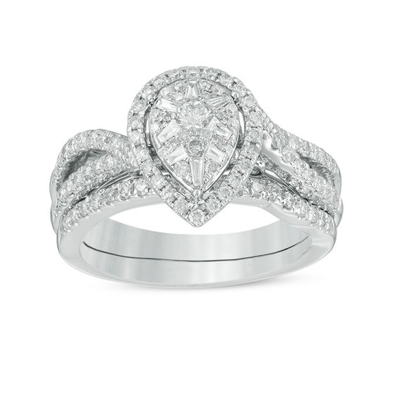 0.70 CT. T.W. Composite Diamond Pear-Shaped Frame Split Shank Bridal Set in 14K White Gold