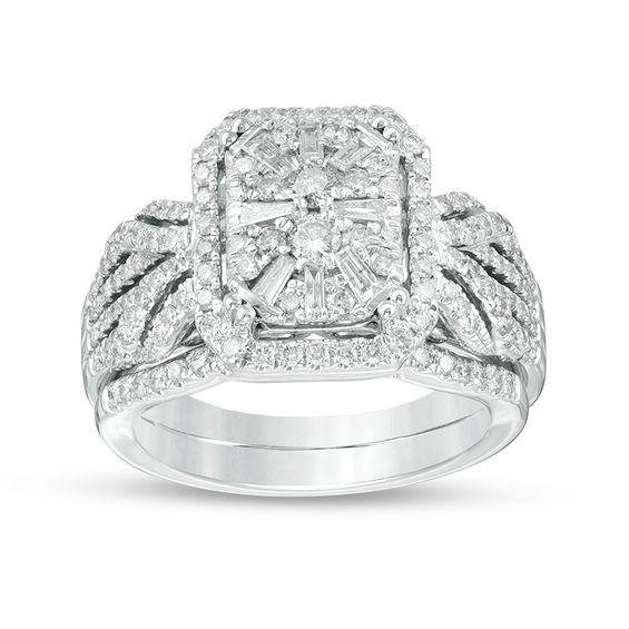 1.12 CT. T.W. Composite Diamond Rectangle Frame Twist Bridal Set in 14K White Gold