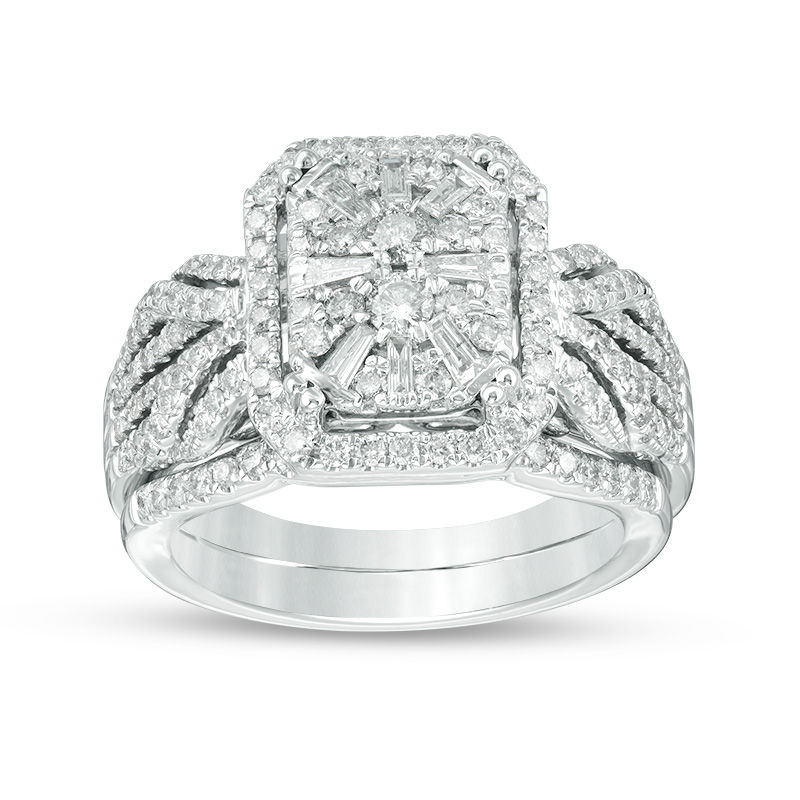 Main Image 1 of 1.12 CT. T.W. Composite Diamond Rectangle Frame Twist Bridal Set in 14K White Gold