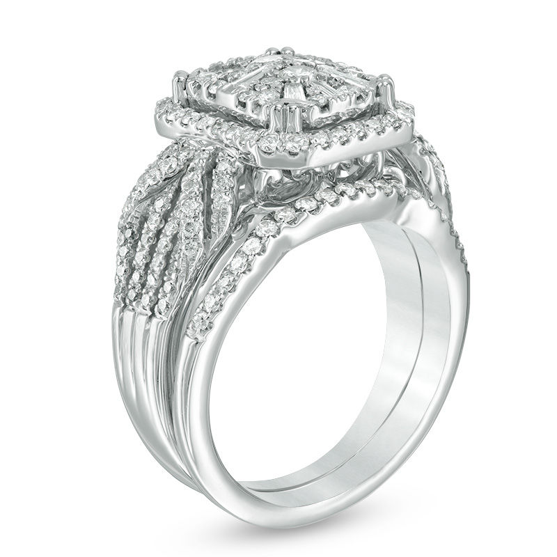 1.12 CT. T.W. Composite Diamond Rectangle Frame Twist Bridal Set in 14K White Gold|Peoples Jewellers