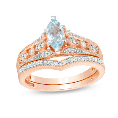 Marquise Aquamarine and 0.18 CT. T.W. Diamond Bridal Set in 10K Rose Gold