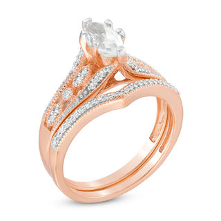 Lab-Created Marquise White Sapphire and 0.18 CT. T.W. Diamond Bridal Set in 10K Rose Gold