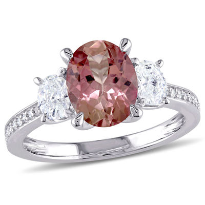 Oval Pink Tourmaline and 0.60 CT. T.W. Diamond Three Stone Ring in 14K White Gold