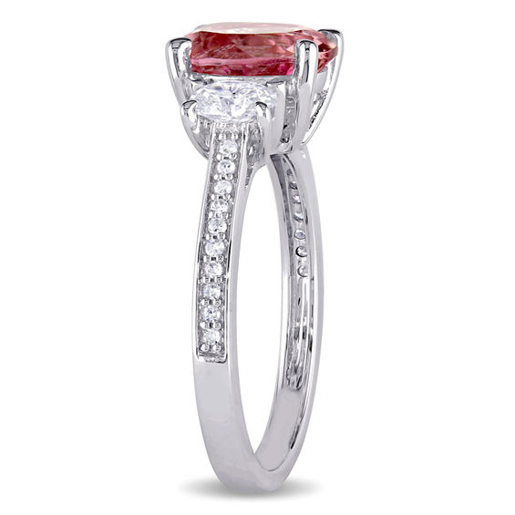 Oval Pink Tourmaline and 0.60 CT. T.W. Diamond Three Stone Ring in 14K White Gold