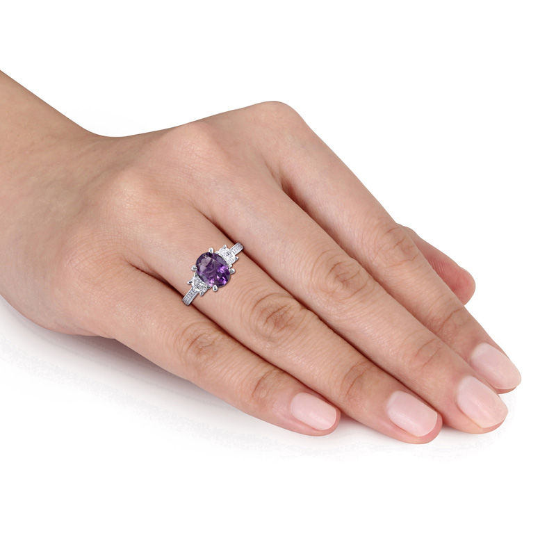 Oval Amethyst and 0.60 CT. T.W. Diamond Three Stone Ring in 14K White Gold|Peoples Jewellers