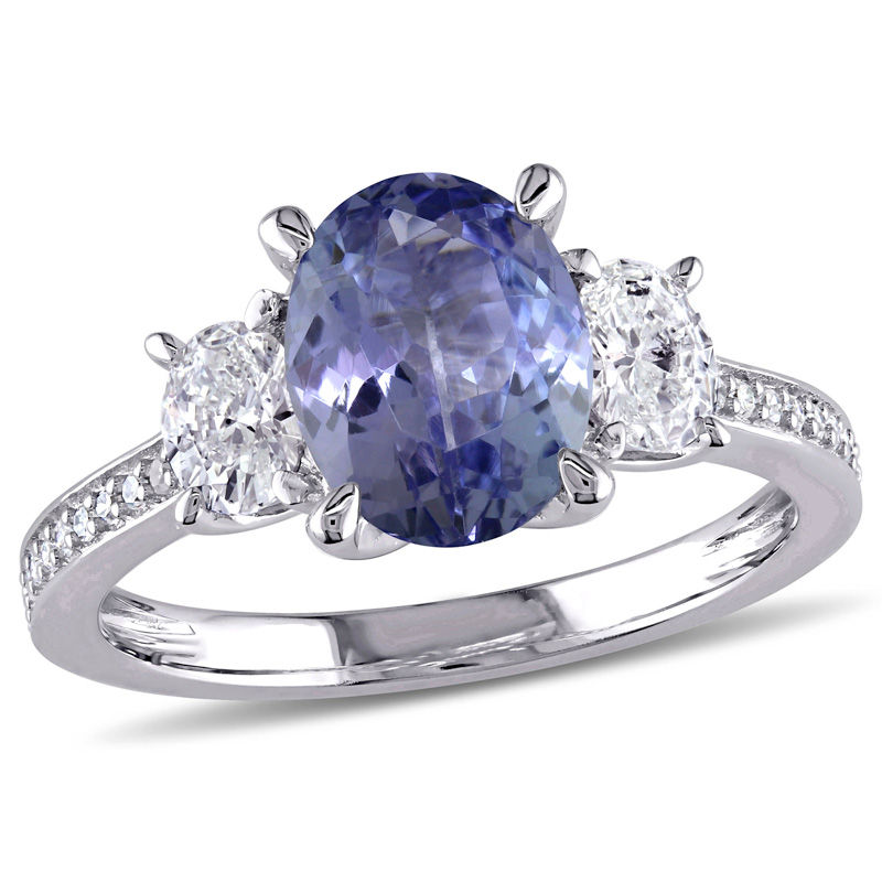 Oval Tanzanite and 0.60 CT. T.W. Diamond Three Stone Ring in 14K White Gold|Peoples Jewellers