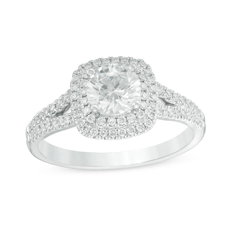1.00 CT. T.W. Certified Canadian Diamond Double Cushion Frame Engagement Ring in Platinum (H/VS2)|Peoples Jewellers