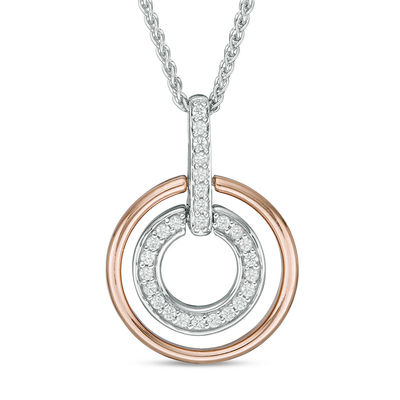 0.23 CT. T.W. Diamond Double Circle Bolo Necklace in Sterling Silver and 10K Rose Gold - 30"