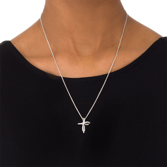 0.11 CT. T.W. Diamond Cross Bolo Necklace in Sterling Silver - 30"