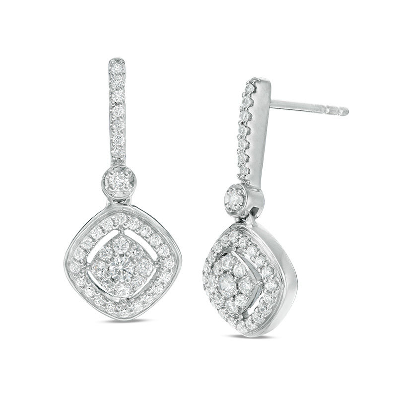 0.50 CT. T.W. Diamond Tilted Double Cushion Frame Drop Earrings in 10K White Gold|Peoples Jewellers