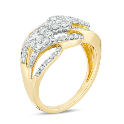 1.00 CT. T.W. Composite Diamond Three Stone Flower Bypass Ring in 10K Gold