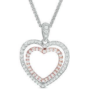 0.45 CT. T.W. Diamond Double Heart Bolo Necklace in Sterling Silver and 10K Rose Gold - 30"