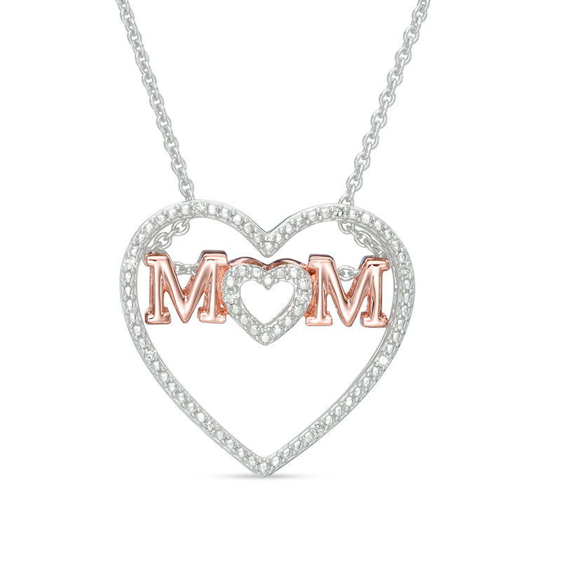 Diamond Accent "MOM" Heart Pendant in Sterling Silver and 14K Rose Gold Plate|Peoples Jewellers