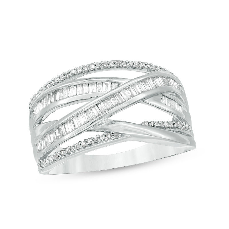 0.50 CT. T.W. Baguette and Round Diamond Crossover Band in Sterling Silver