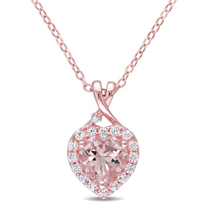 7.0mm Heart-Shaped Morganite, Lab-Created White Sapphire and Diamond Accent Pendant in Sterling Silver with Rose Rhodium