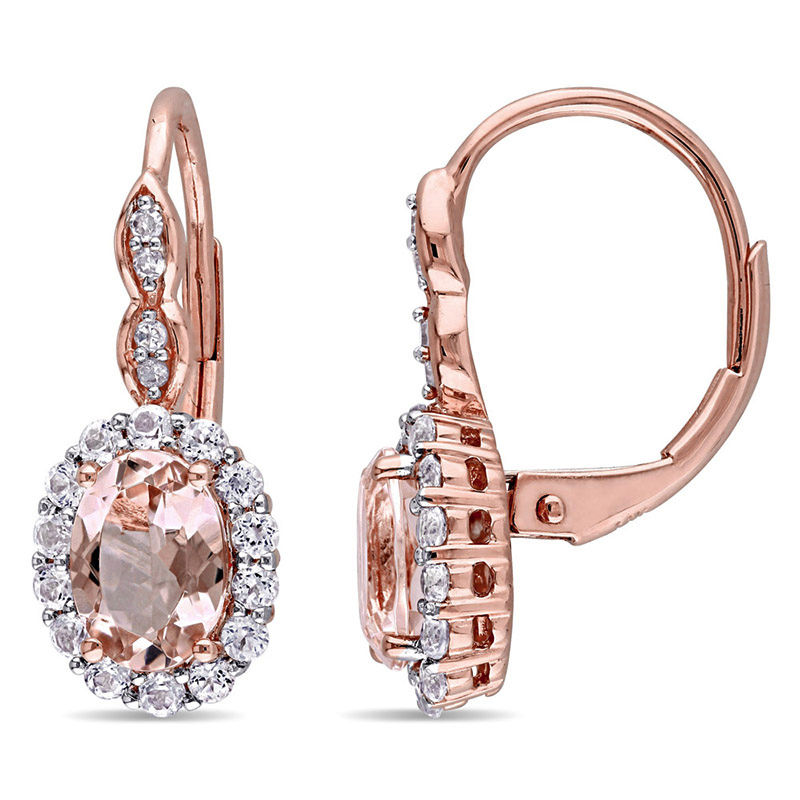 Oval Morganite, White Topaz and Diamond Accent Frame Drop Earrings in 14K Rose Gold|Peoples Jewellers