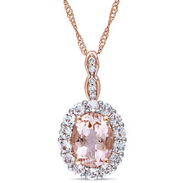 Oval Morganite, White Topaz and Diamond Accent Frame Pendant in 14K Rose Gold