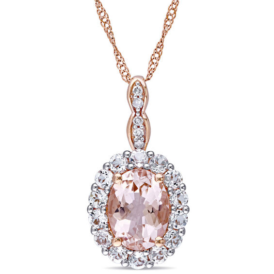 Oval Morganite, White Topaz and Diamond Accent Frame Pendant in 14K Rose Gold