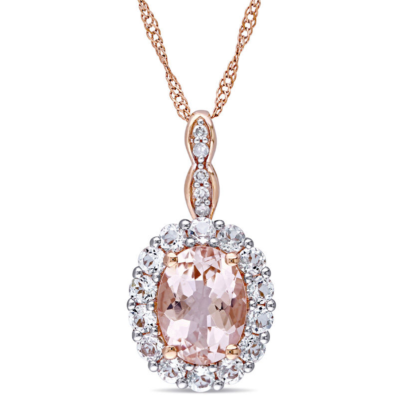 Oval Morganite, White Topaz and Diamond Accent Frame Pendant in 14K Rose Gold|Peoples Jewellers