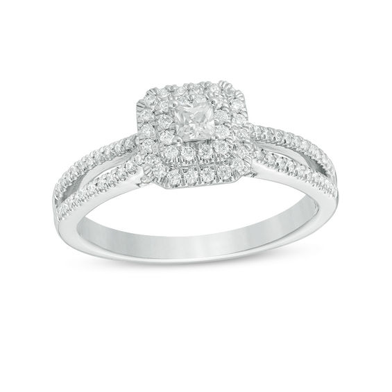 0.50 CT. T.W. Princess-Cut Diamond Double Frame Split Shank Vintage-Style Engagement Ring in 14K White Gold