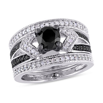 1.25 CT. T.W. Enhanced Black and White Diamond Collar Split Shank Three Piece Bridal Set in Sterling Silver