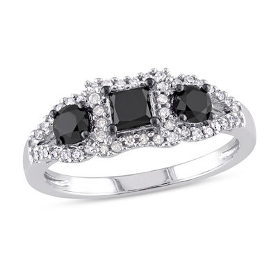 0.99 CT. T.W. Princess-Cut Enhanced Black and White Diamond Three Stone Frame Engagement Ring in 10K White Gold