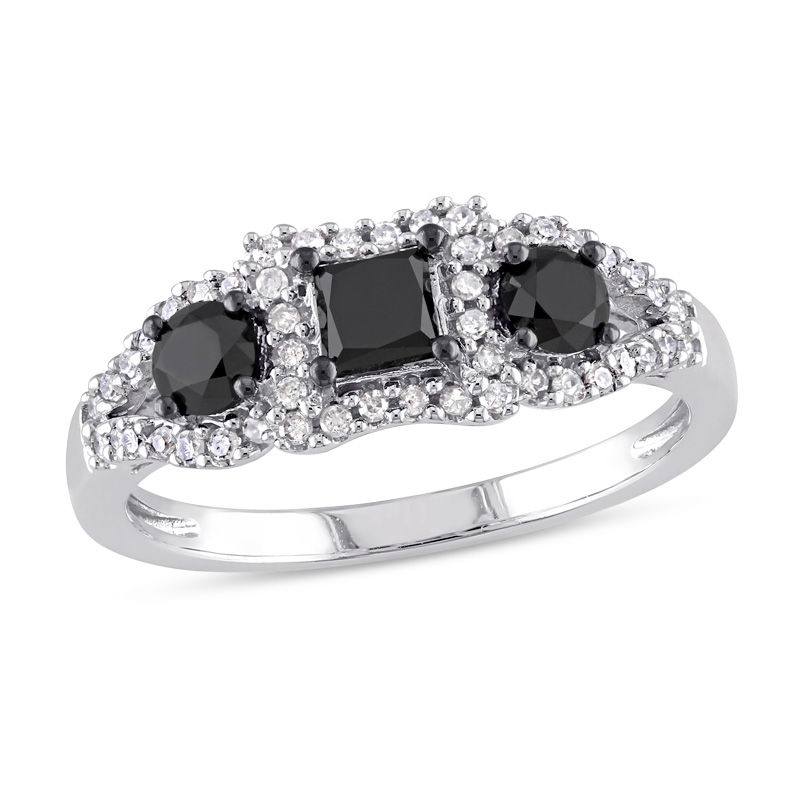 0.99 CT. T.W. Princess-Cut Enhanced Black and White Diamond Three Stone Frame Engagement Ring in 10K White Gold|Peoples Jewellers