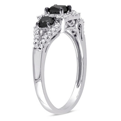 0.99 CT. T.W. Princess-Cut Enhanced Black and White Diamond Three Stone Frame Engagement Ring in 10K White Gold