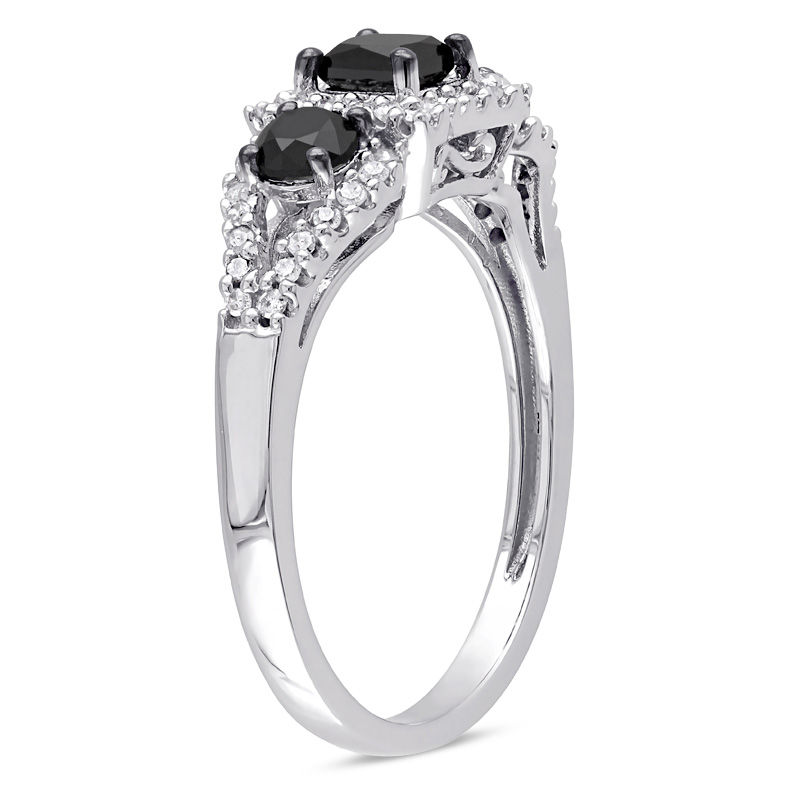 0.99 CT. T.W. Princess-Cut Enhanced Black and White Diamond Three Stone Frame Engagement Ring in 10K White Gold|Peoples Jewellers