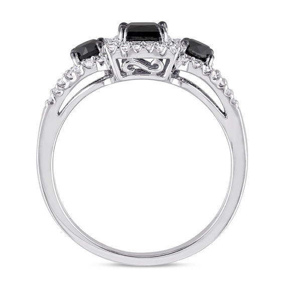 0.99 CT. T.W. Princess-Cut Enhanced Black and White Diamond Three Stone Frame Engagement Ring in 10K White Gold