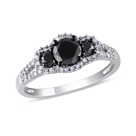 0.98 CT. T.W. Enhanced Black and White Diamond Three Stone Frame Engagement Ring in 10K White Gold