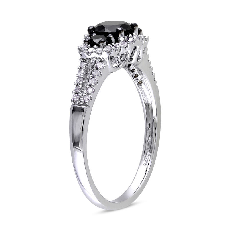 0.98 CT. T.W. Enhanced Black and White Diamond Three Stone Frame Engagement Ring in 10K White Gold|Peoples Jewellers