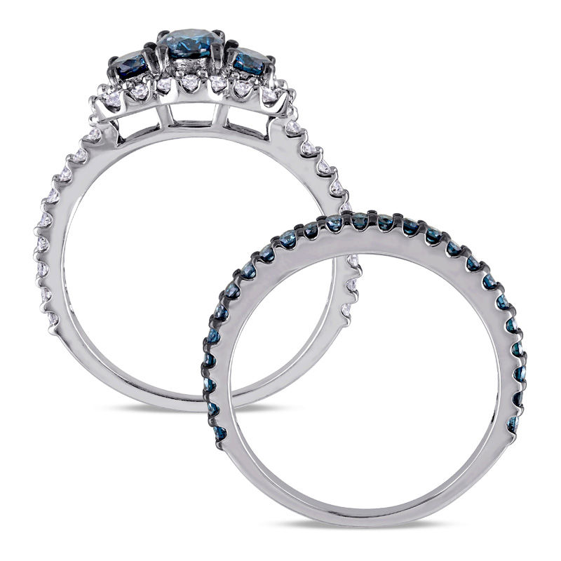 1.99 CT. T.W. Enhanced Blue and White Diamond Three Stone Frame Three Piece Bridal Set in 10K White Gold