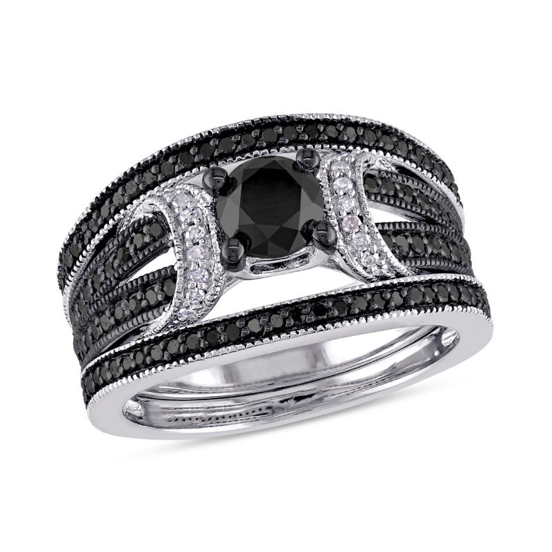 1.27 CT. T.W. Black Diamond Buckle Vintage-Style Three Piece Bridal Set in Sterling Silver