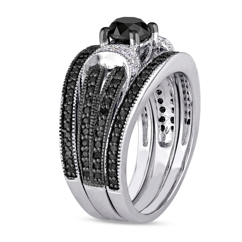 1.27 CT. T.W. Black Diamond Buckle Vintage-Style Three Piece Bridal Set in Sterling Silver|Peoples Jewellers