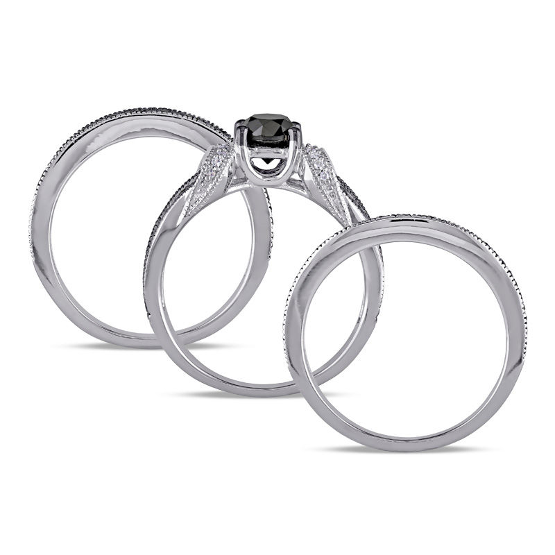 1.27 CT. T.W. Black Diamond Buckle Vintage-Style Three Piece Bridal Set in Sterling Silver