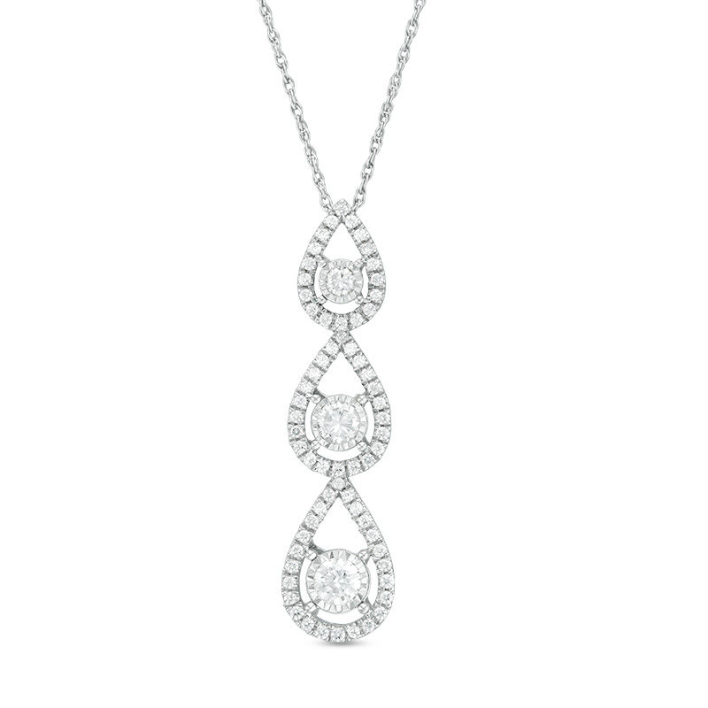 0.75 CT. T.W. Diamond Three Stone Teardrop Frame Linear Pendant in 10K White Gold