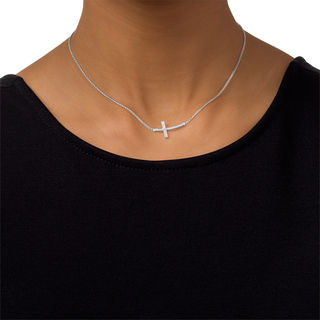 0.09 CT. T.W. Diamond Sideways Cross Bolo Necklace in Sterling Silver - 30"