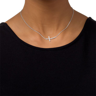 0.09 CT. T.W. Diamond Sideways Cross Bolo Necklace in Sterling Silver - 30"