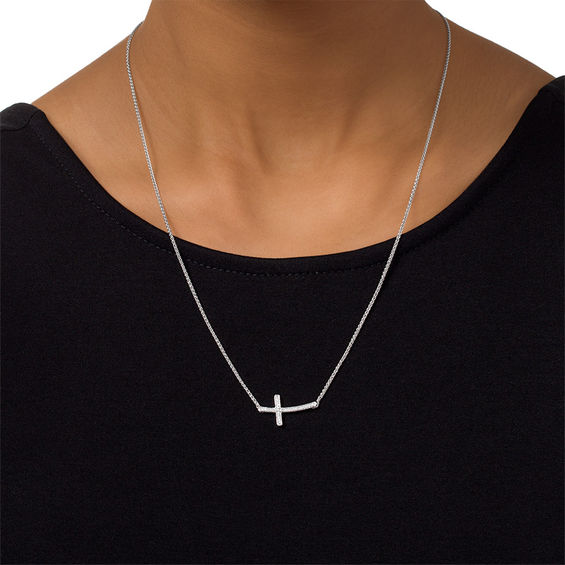 0.09 CT. T.W. Diamond Sideways Cross Bolo Necklace in Sterling Silver - 30"